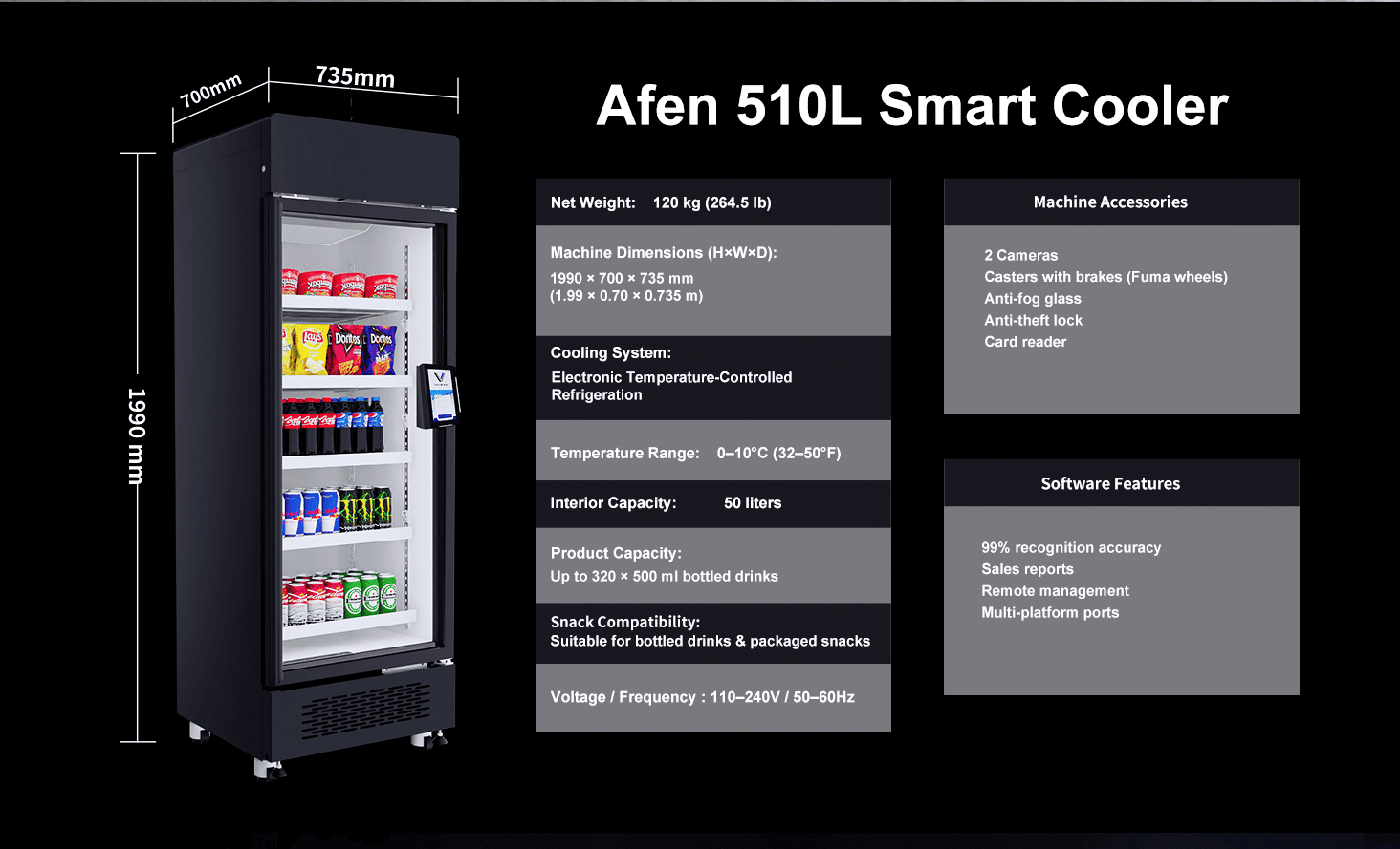AFEN Smart Cooler AI Verkafsautomat 510L Dimensiounen a Kapazitéit Héichdicht Späicherkapazitéit vun der AFEN AI Verkafsmaschinn maximéiert de ROI am Detailhandel an engem kompakten Format
