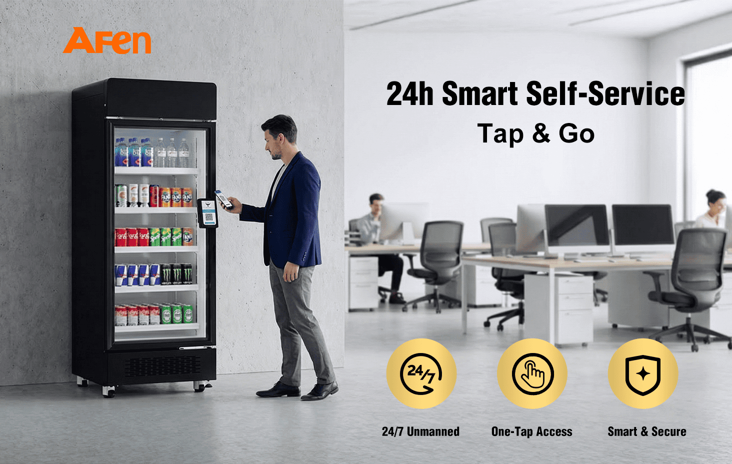 AFEN Smart Cooler 510L Hero Scene Den AFEN 510 Smart Cooler bitt villfälteg 24/7 onbemannt Retailléisungen fir Büroen a Fitnessstudios