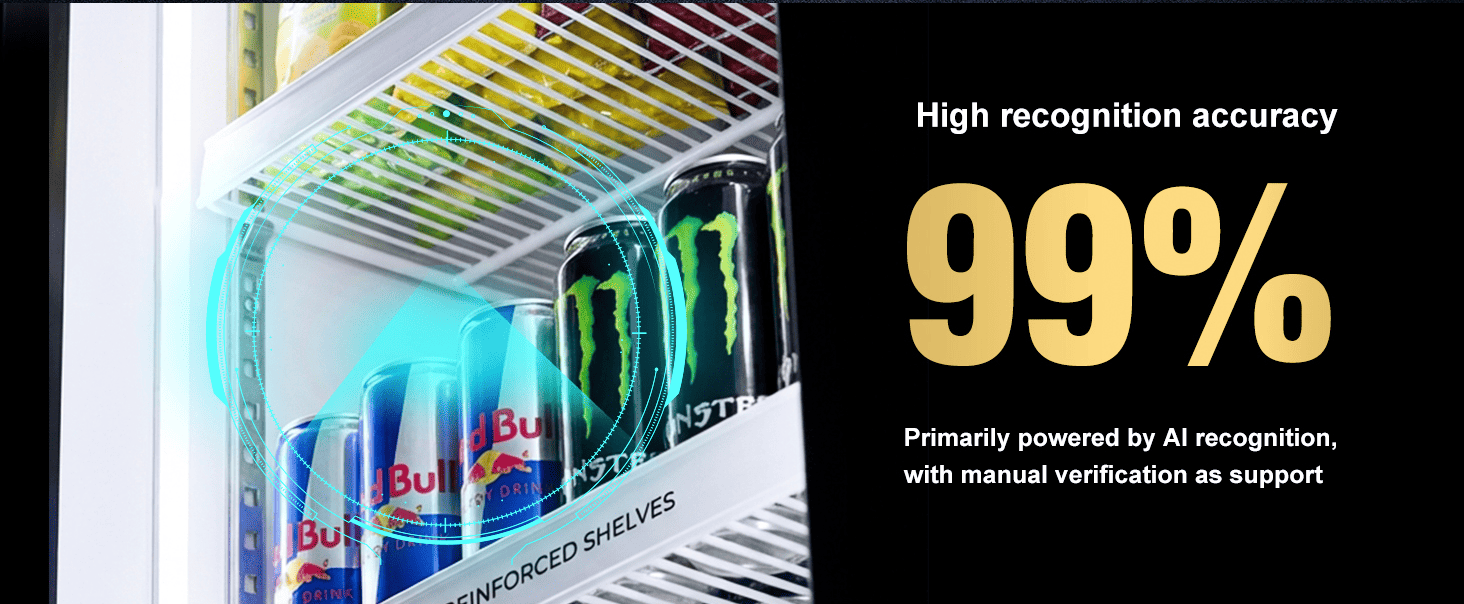 AFEN Smart Cooler KI Verkafsautomat KI Erkennungsgenauegkeet 99% Erkennungsgenauegkeet iwwer Duebelkamera-KI-Visioun fir präzis Rechnungsstellung beim Grab-and-Go a Verloschtpräventioun